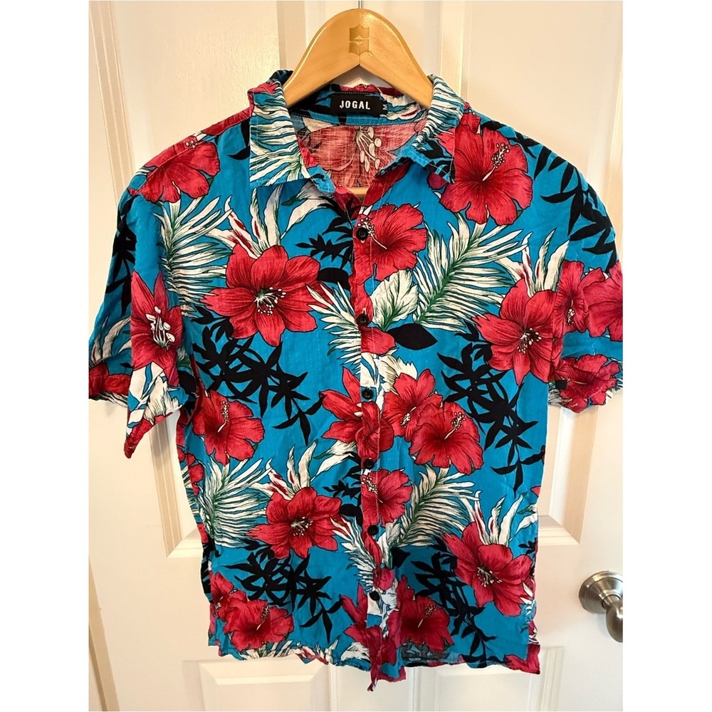 Jogal Mens Blue Tropical Floral Short Sleeve Shirt Red Hibiscus Print Size M
